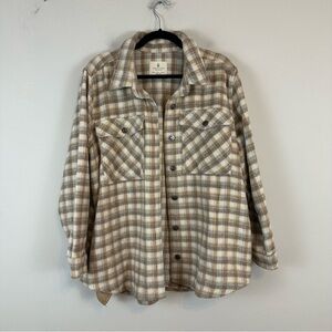 Jade & Ivory | Tan and Cream Plaid Collared Shacket Jacket Size Large